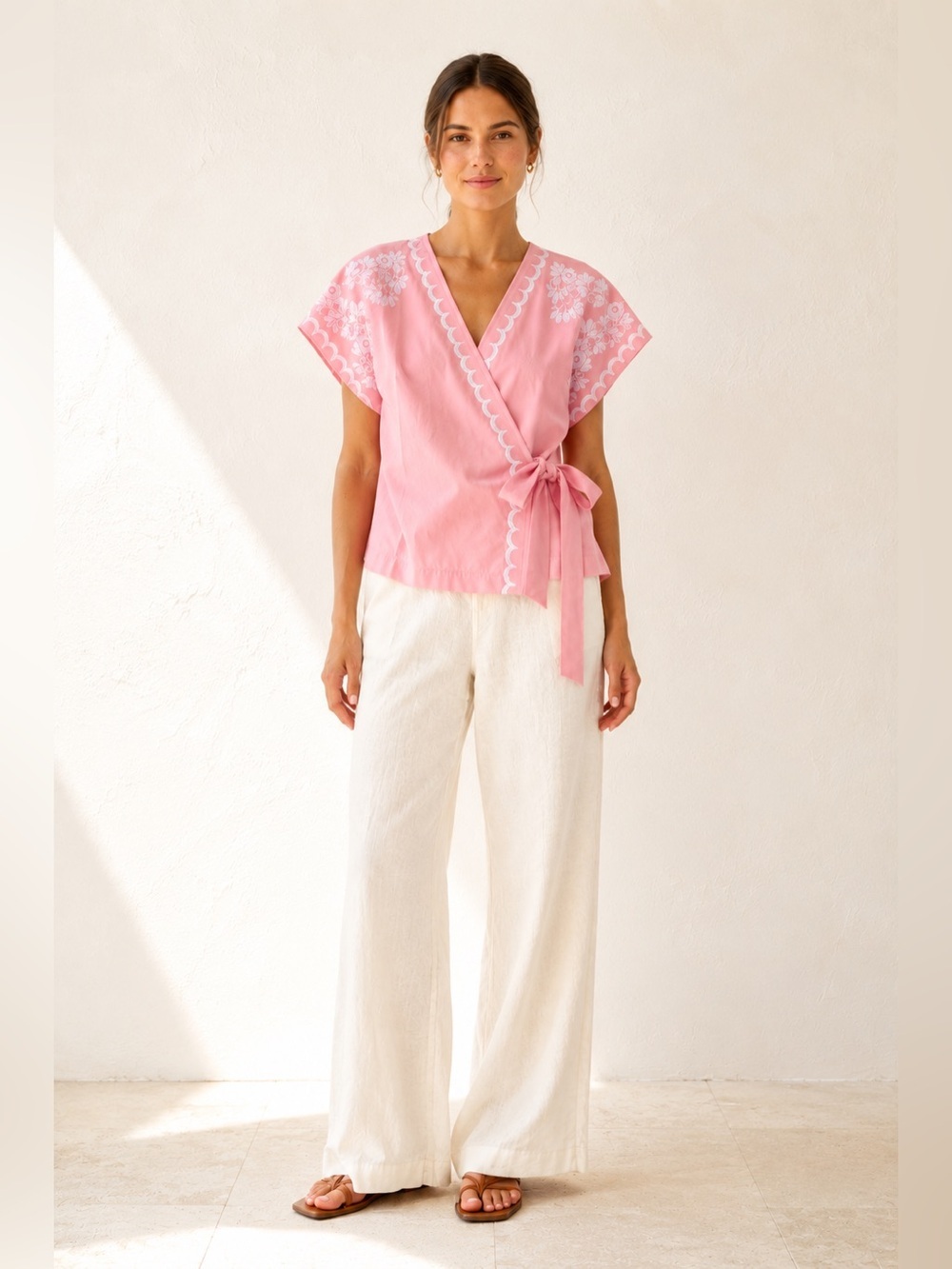 Madewell Pink Embroidered Cotton Wrap Top Floral Scallop Tie Blouse. M